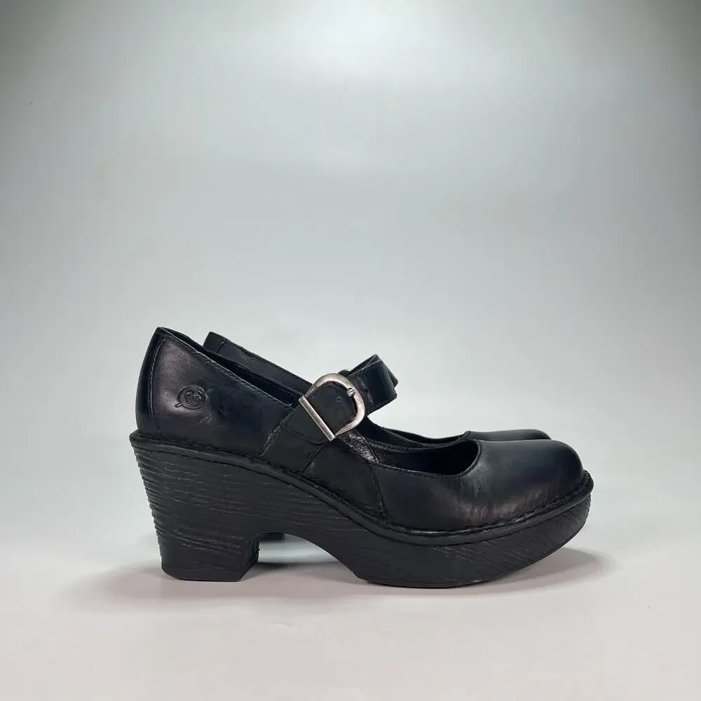 Born Mary Jane Black Leather Chunky Wedge Heels Pumps Shoes Women's Size 6.5M